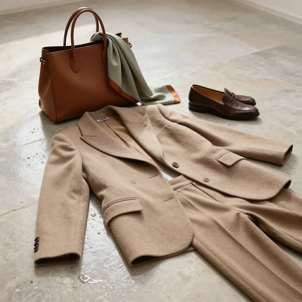 Blazer tortora, borsa in pelle, foulard e mocassini su pietra bagnata