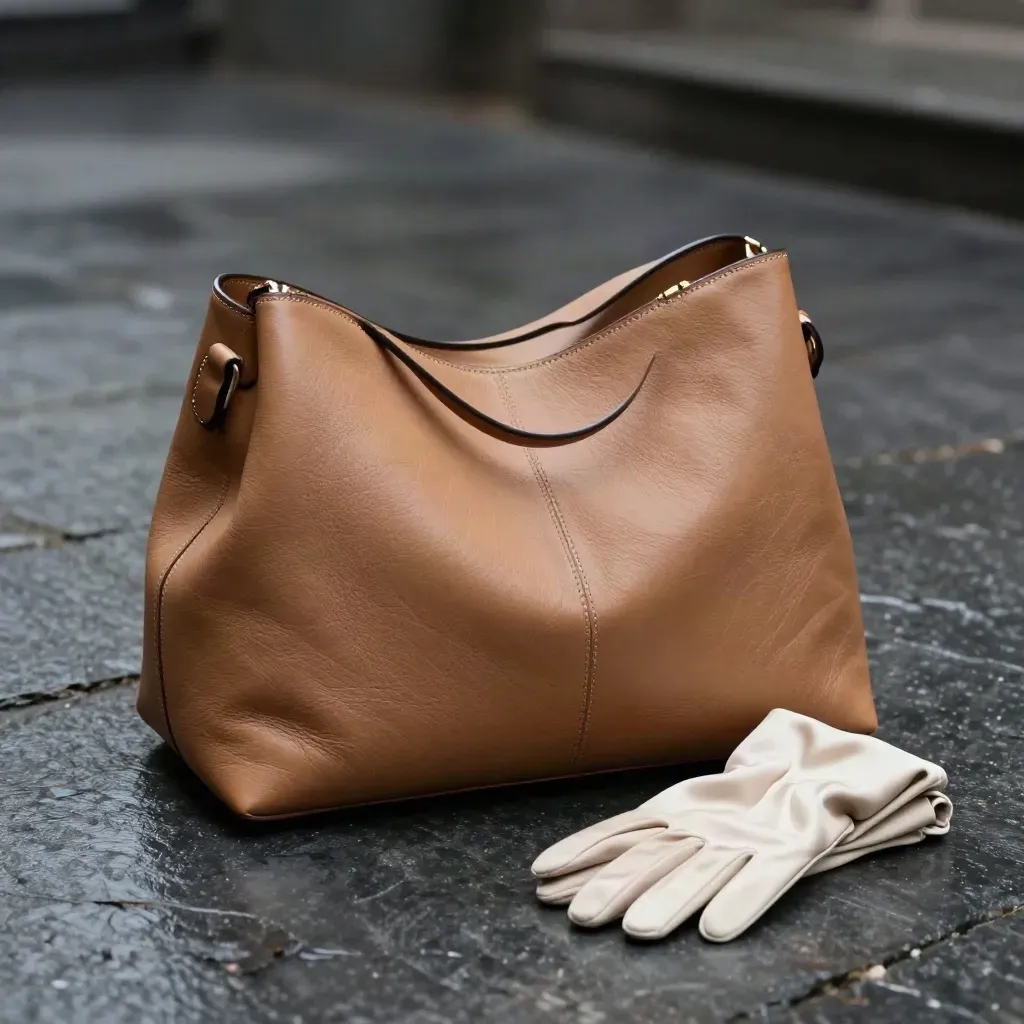 Borsa a spalla in pelle tortora su pietra bagnata con guanti e foulard di seta