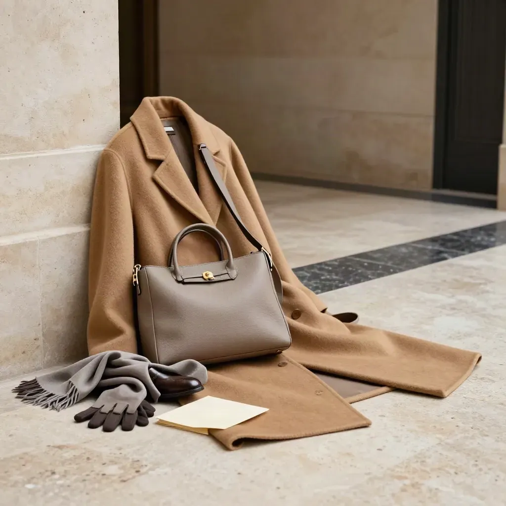 Set moda con cappotto cammello e borsa in un ingresso in pietra, luce naturale morbida.