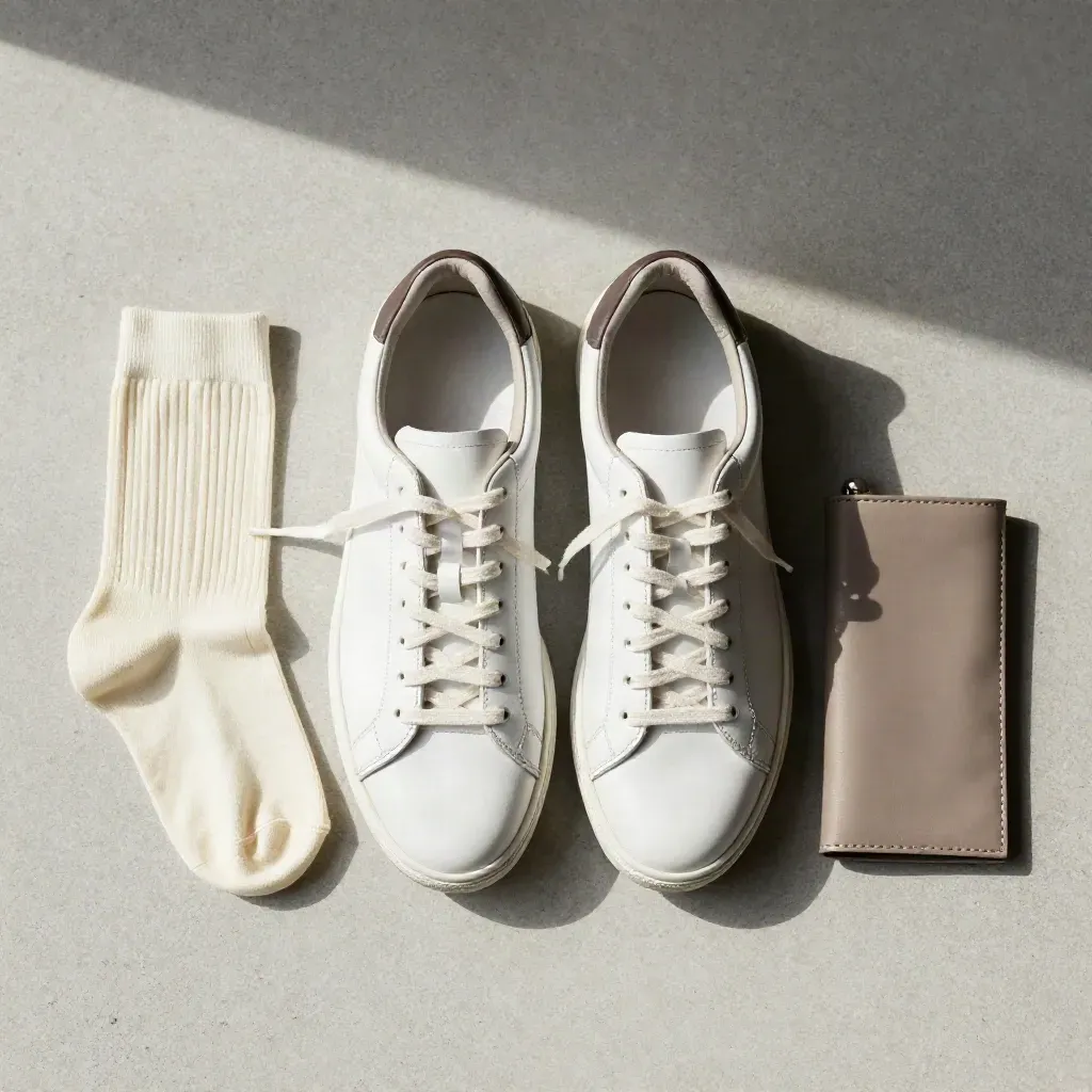 Flatlay di sneaker bianche con calza piegata e pouch su cemento chiaro.