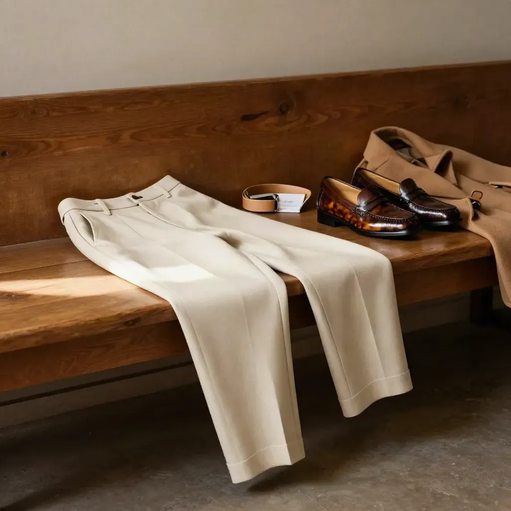 Pantalone palazzo su panca di legno con mocassini, cintura e cappotto piegato