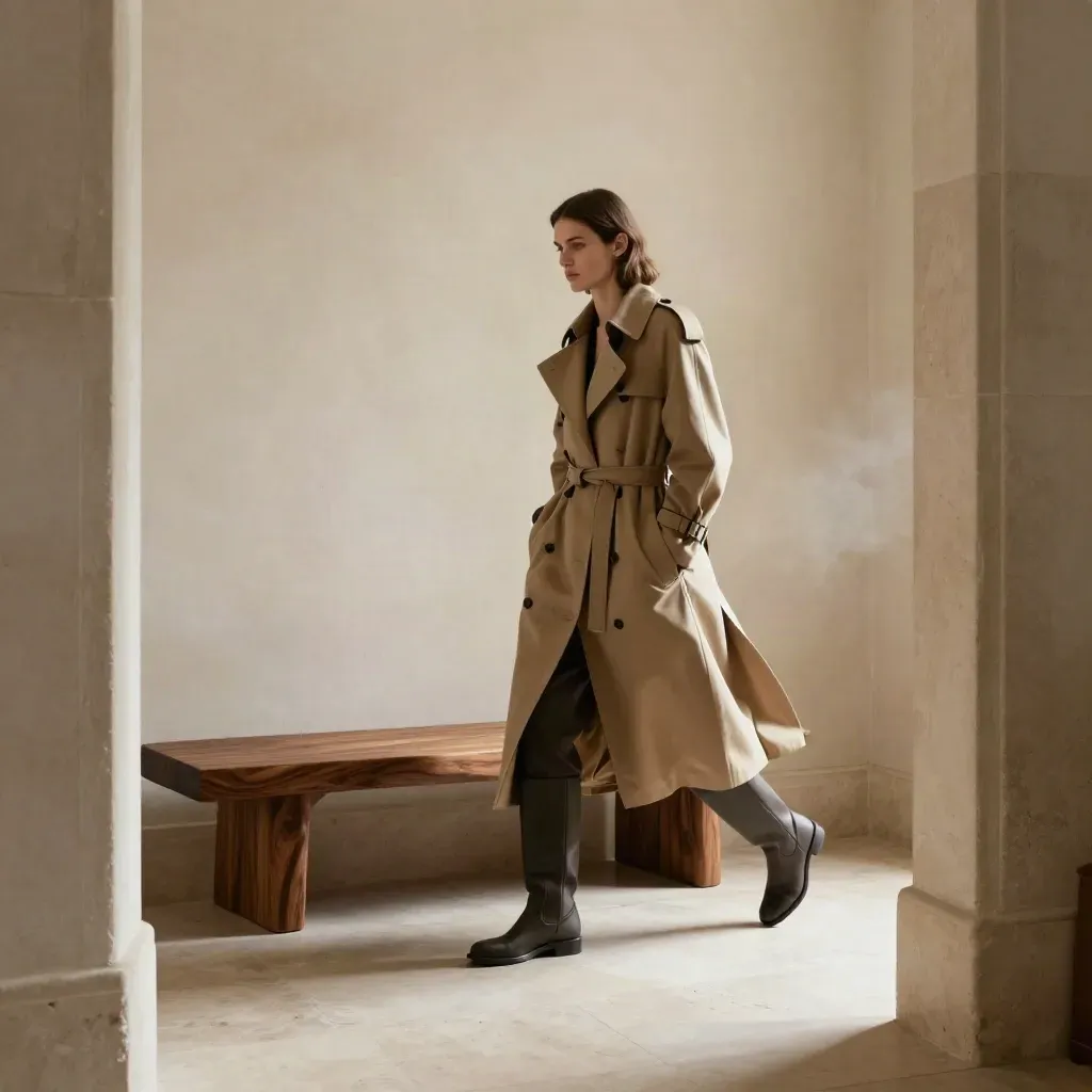 Trench tortora su panca scolpita con stivali e tote, luce morbida e vento leggero