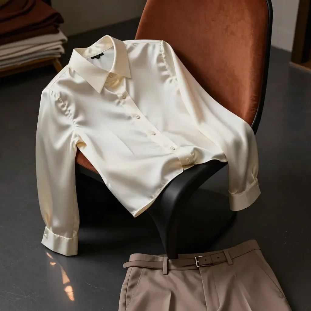 Camicia avorio in seta su sedia nera con pantaloni e cintura, luce drammatica