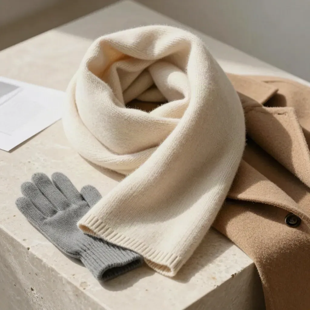 Sciarpa di lana fine crema con guanti a maglia e cappotto su blocco di pietra.