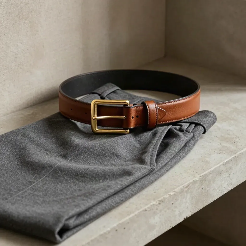 Cintura in pelle liscia con fibbia oro su pantaloni sartoriali e cappotto piegato.