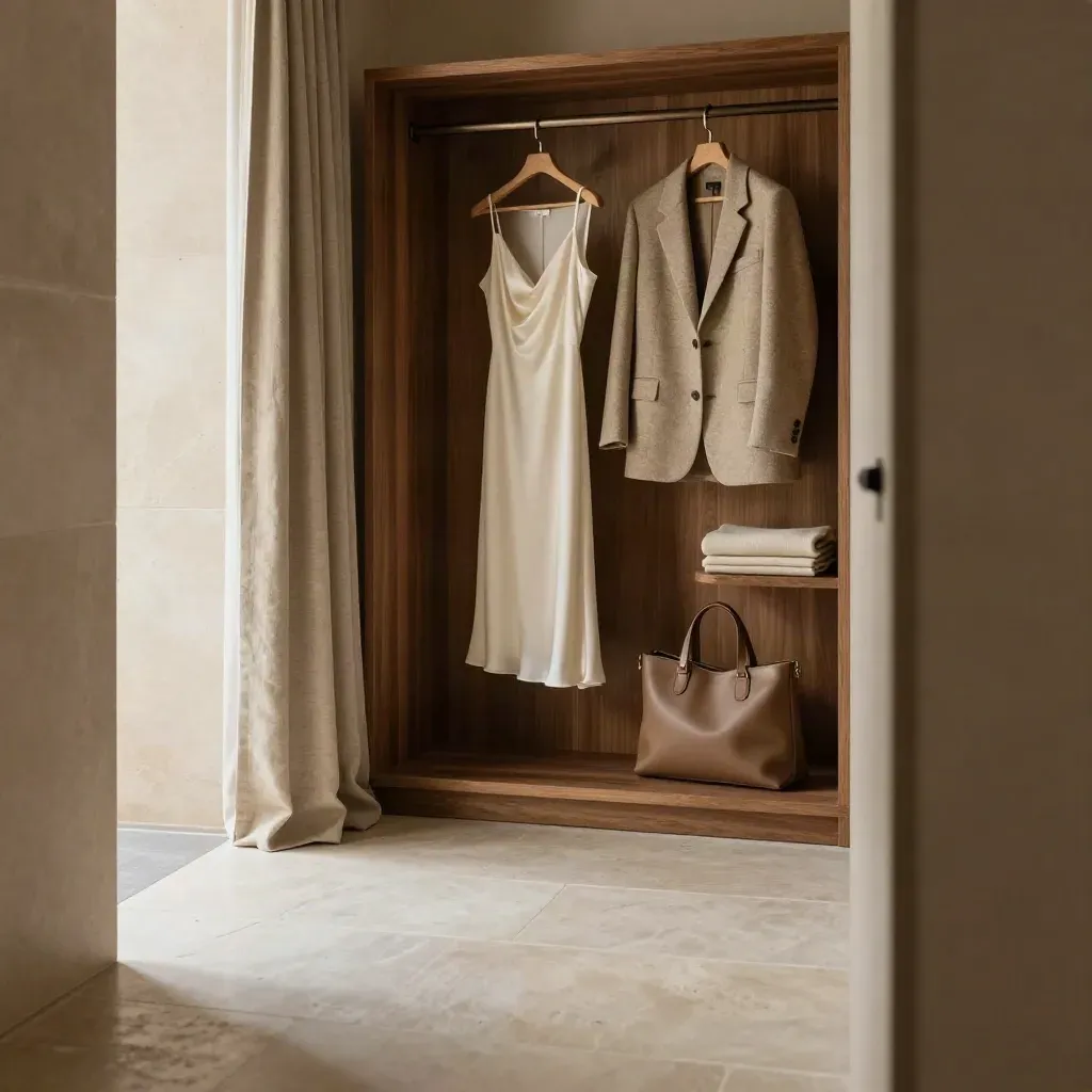 Dressing room in pietra calcarea con abiti chiari, tende di lino e luce solare morbida