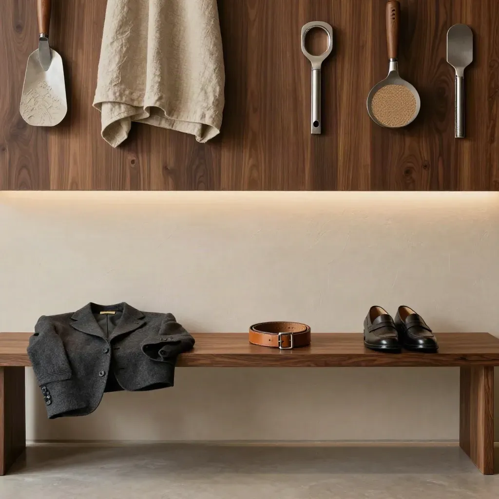 Parete di atelier in gesso e legno scuro con banco e lino, luce radente, atmosfera elegante.