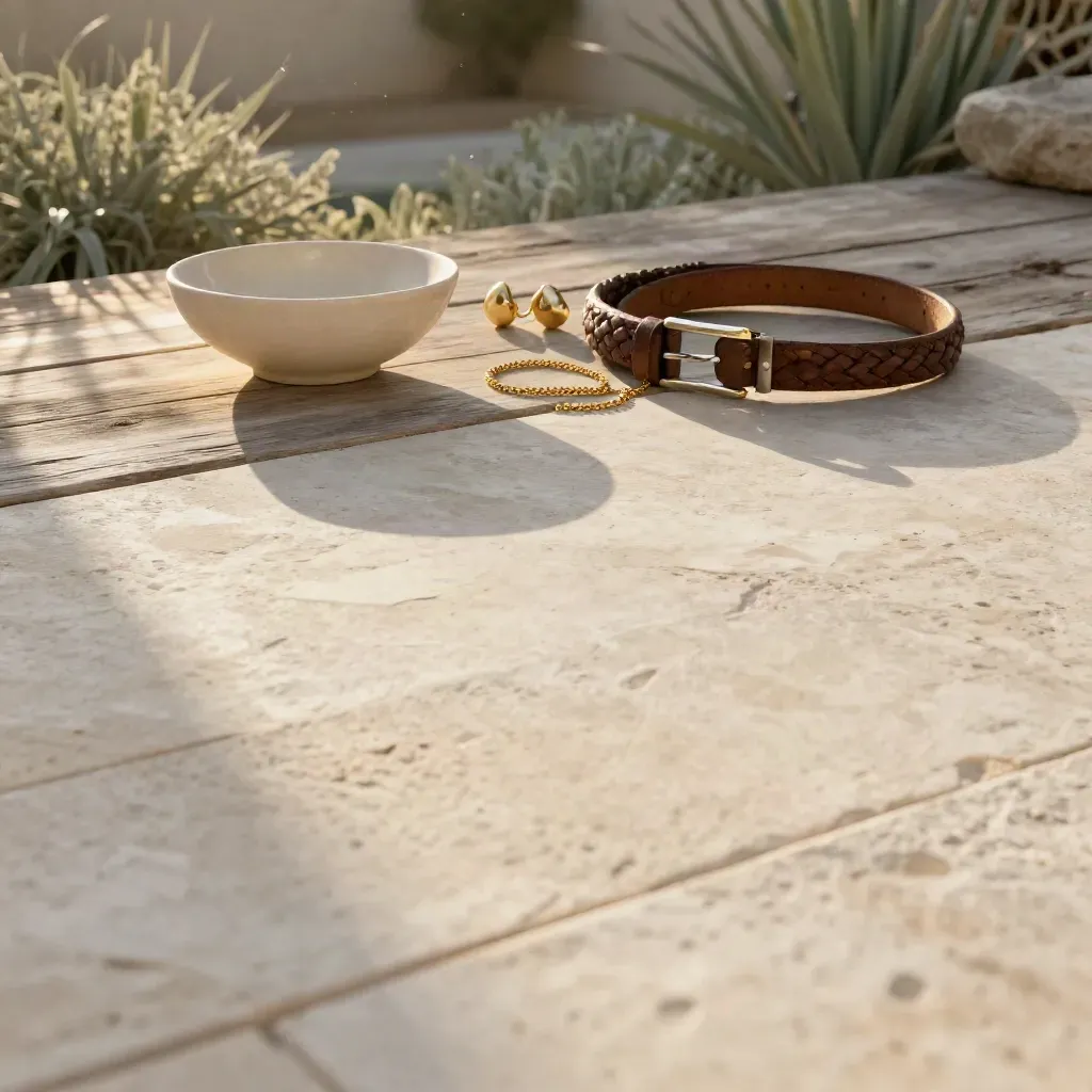 Terrazza in pietra chiara con bijoux e cintura in alto, spazio calmo per il testo.